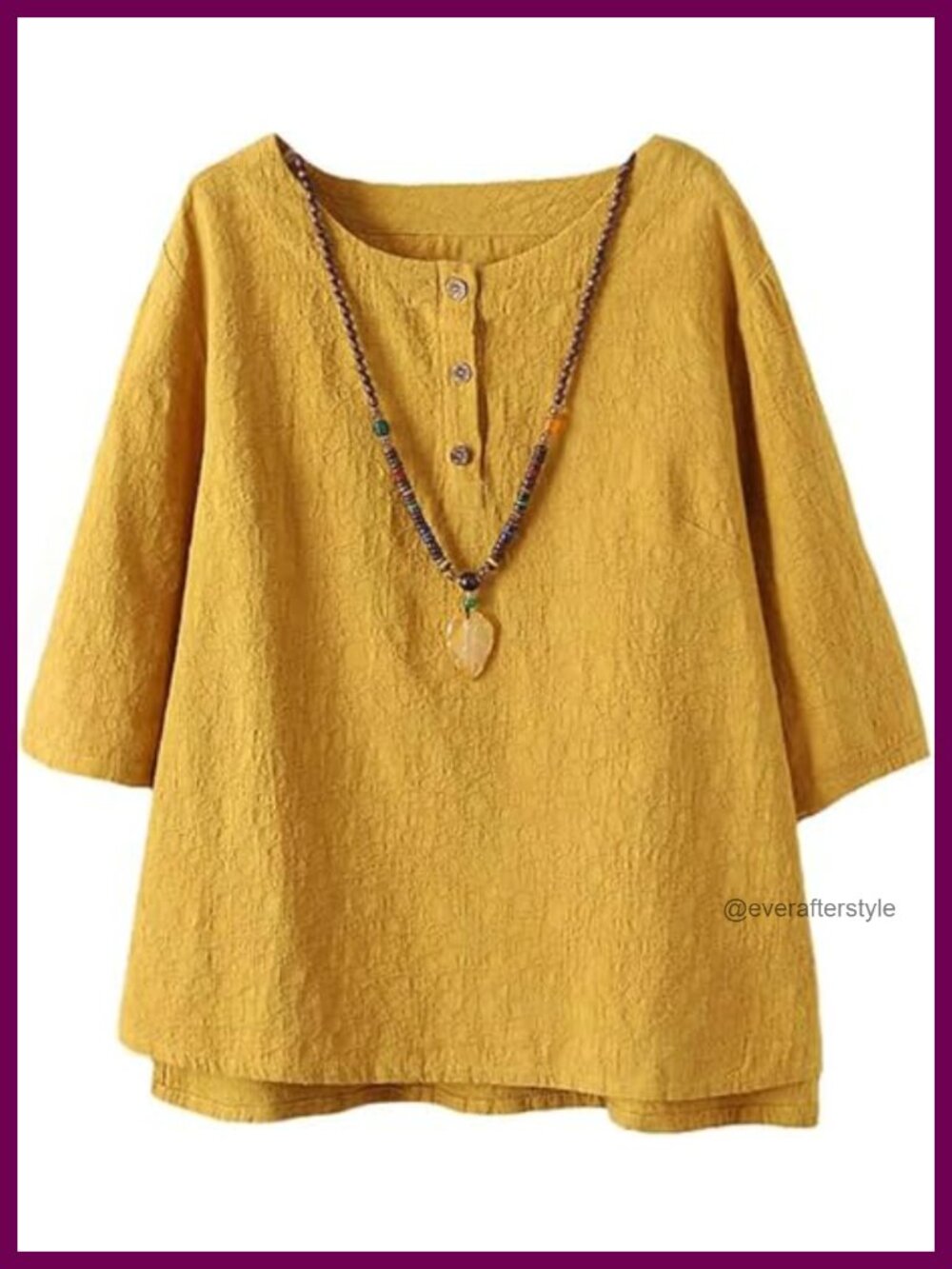Womens Cotton Linen 3/4 Sleeve Jacquard Button Blouse Hi-Low Hem Loose Fit Top